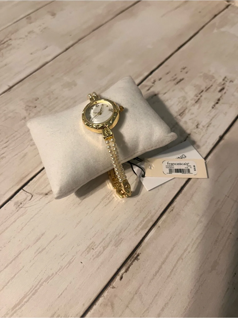 Francesca's Collections Gold and White Pearl Accent Bracelet Watch